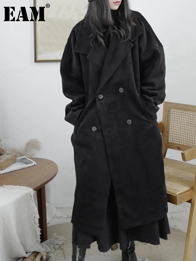 

[EAM] свободное шерстяное пальто большого размера с большими карманами и поясом, парки, новинка, Женская мода с длинным рукавом, Осень-зима 2023, 1DD3179