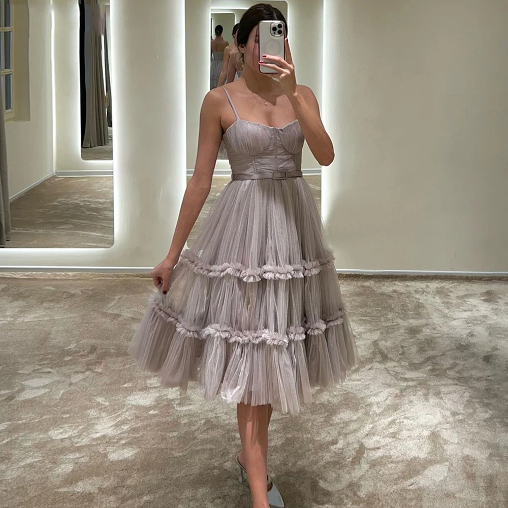 

Sweetheart Tulle Prom Dresses for Women Tea Length Spaghetti Strap Evening Dresses A-Line With Belt Wedding Guest Gowns 2023