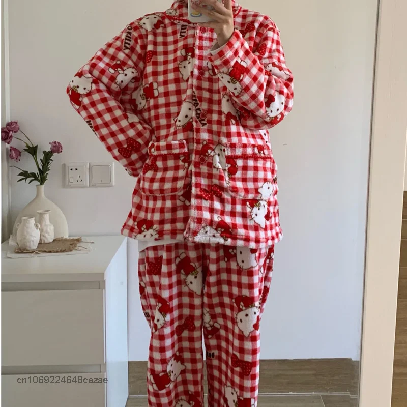 Sanrio Hello Kitty New Red Plaid Home Clothes Y2k Fashion Cardigan Tops Pants Plush Pajamas Suit Women Sleepwear 2 Piece Sets