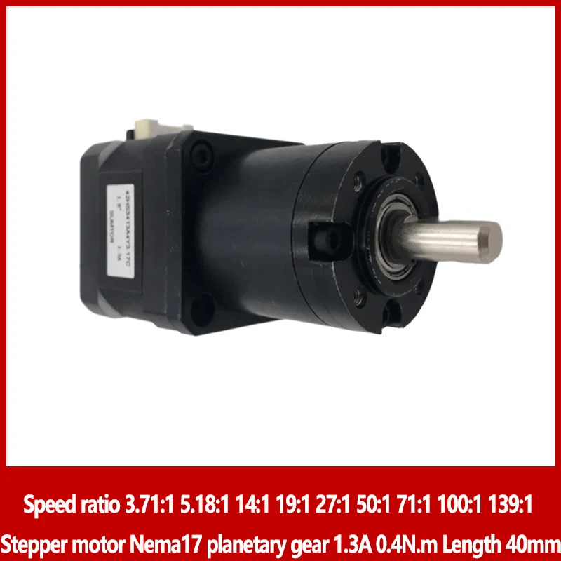 Соотношение скорости 3,71:1 5,18:1 14:1 19:1 27:1 50:1 71:1 100:1 139:1 Шаговый двигатель Планетарный редуктор Nema17 1,3 А 0,4 Нм Длина корпуса 40 мм
