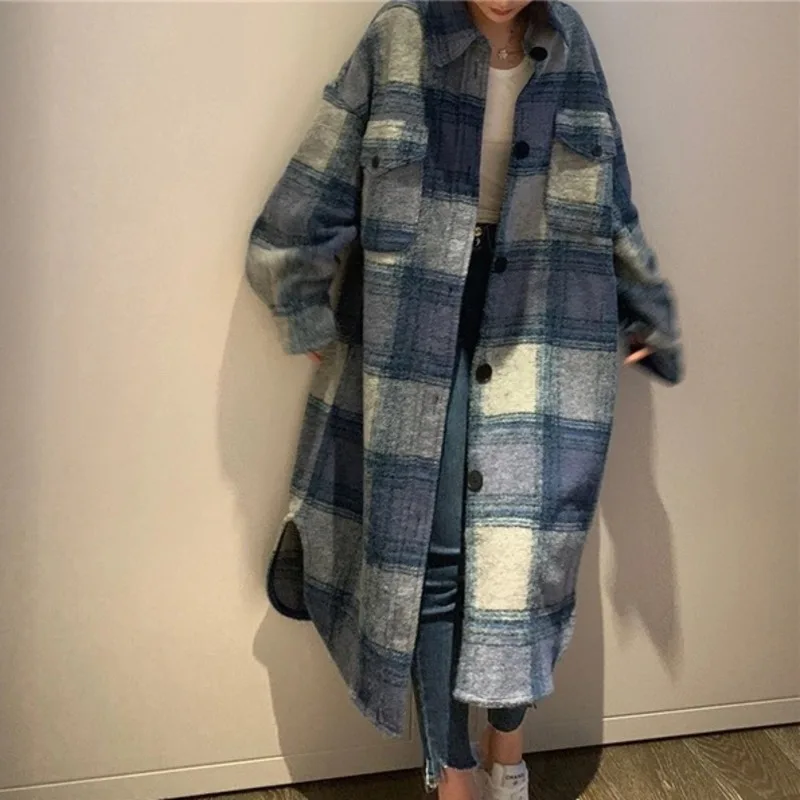 

Клетчатый однотоп, Корейская верхняя одежда, Женское пальто, модное 2023, весенне-зимнее женское Свободное длинное шерстяное пальто, винтажное Свободное пальто