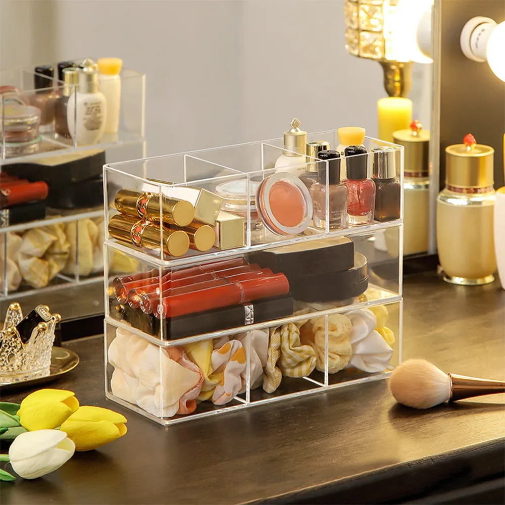 

Clear Acrylic Makeup Layered Storage Box Dressing Table Cosmetic Lipstick Finishing Grid Box Desktop Drawer Storage Make Up Box