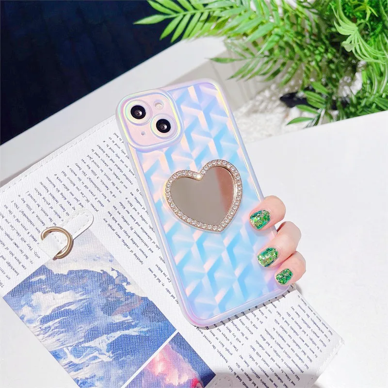 

Luxury 3D Laser Love Heart Makeup Mirror Case For IPhone 11 12 13 Pro XS Max XR X Stylish Girly Glitter Diamond Soft Back Cover