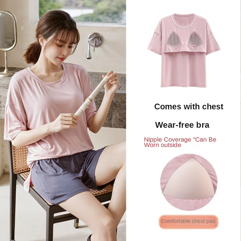 Print Pajamas with Chest Pads Women's Modal Short-sleeved Female Summer Thin Two Piece Sets Homewear Sleepwear Young Girl Stye