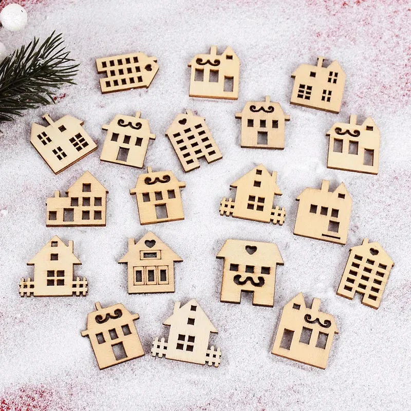 

50pcs Christmas Wooden House Shaped Embellishments Unfinished Wood Cutouts Ornaments New Year Party Xmas Tree Hanging Ornaments