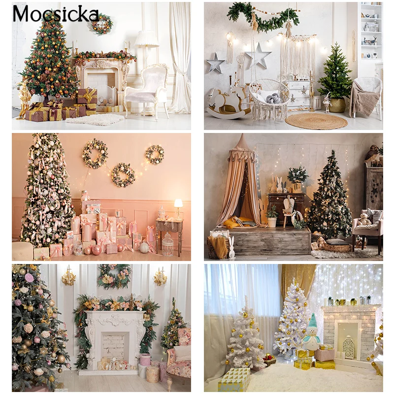 

Mocsicka Christmas Backdrop Christmas Tree Fireplace Background Kids Adults Portrait Photo Studio Prop Party Decoration Banner