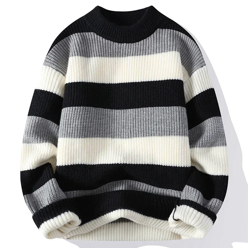 Мужской утолщенный теплый свитер свободный крой полосатый осенне-зимний топ