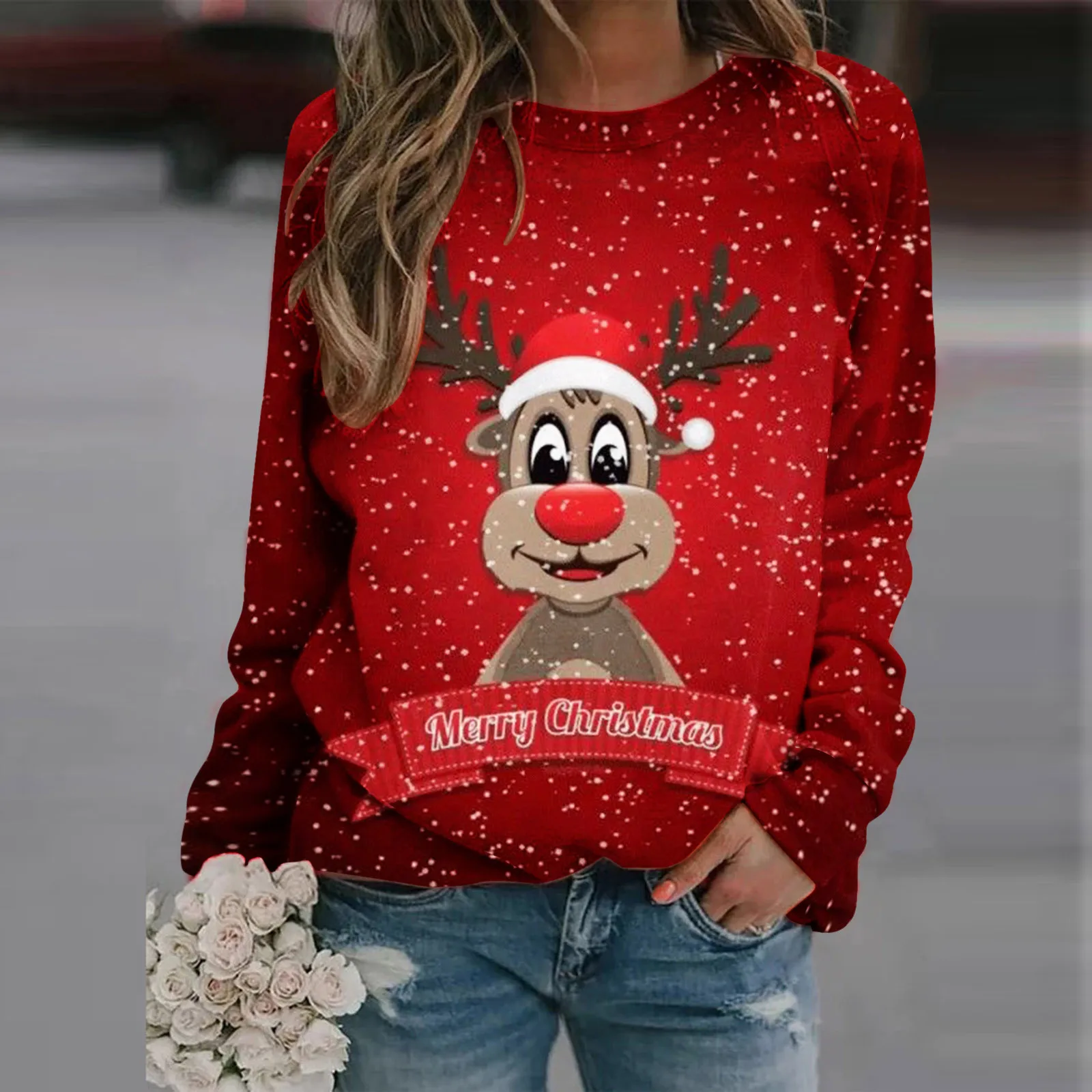 

Ladies Christmas Sweatershirts Top Round Neck Long Sleeve Print Stitching Round Neck Zipper Sweatshirt Tunic Light Sweatshirt