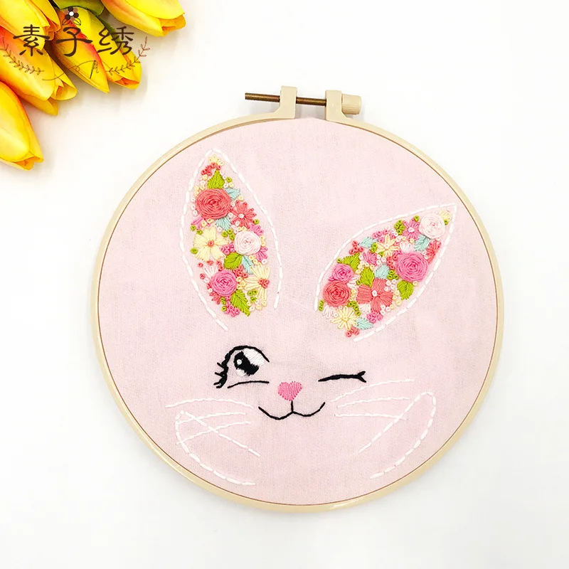 

Lovely Funny Bunny Embroidery Kit DIY Needlework Rabbit Pattern Needlecraft for Beginner Cross Stitch Artcraft(With Hoop)
