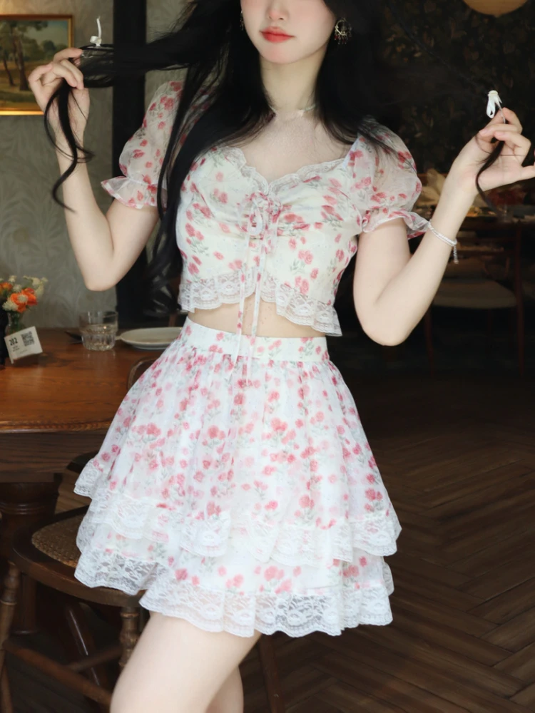 

Print French Elegant Two Piece Set Women Lace Sweet Party Cake Skirt Suit Female Chiffon Korean Lace-up Princess Set Summer 2023