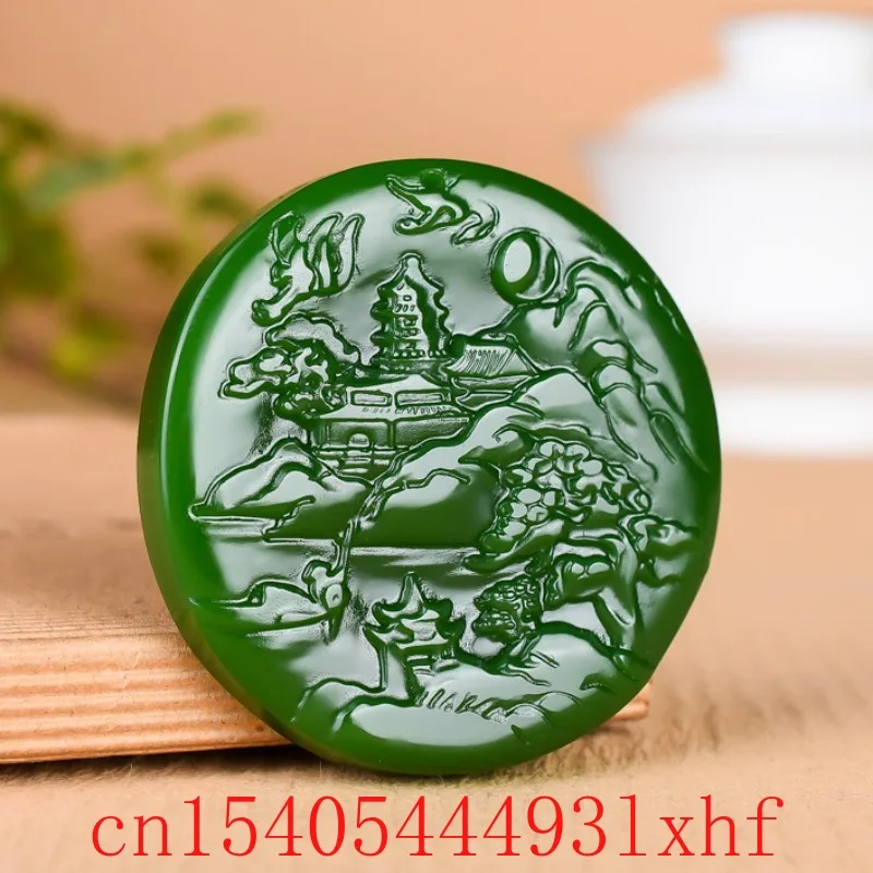

Natural Hetian Green Jasper Jade Landscape Pendant Necklace Fashion Fine Jewelry Carved Charm Amulet Gifts for Women Men Luxury