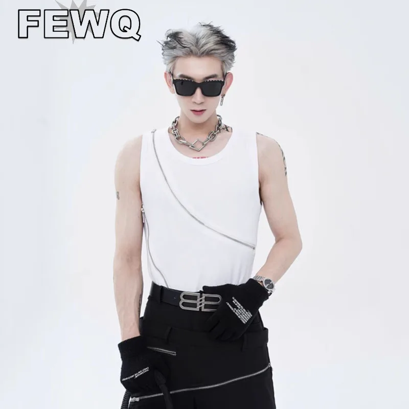 

FEWQ Double Metal Zipper Vests Solid Color Men's Sleeveless T-shirts Niche Design Hip Hop Tank Tops 2023 Summer Stylish 24B2927