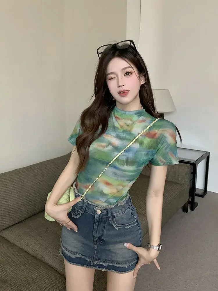 Полуводолазка с коротким рукавом Tie Dye Green Gradient Тонкая эластичная сетчатая