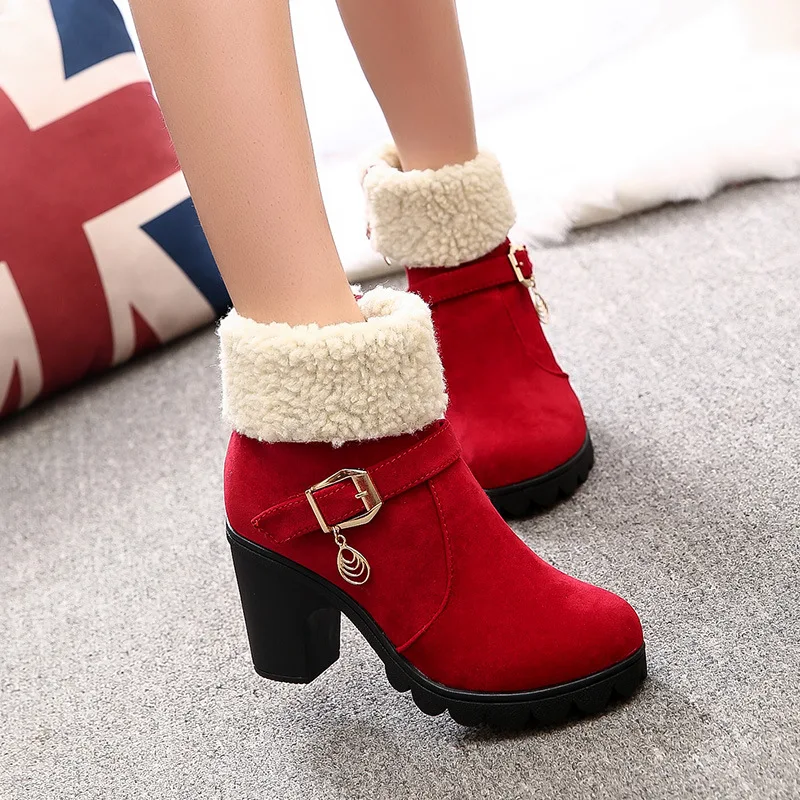 

STLLTS Large Size Autumn And Winter Cotton Shoes Women Short Tube Martin Boots Frosted Suede Thick Heel High Heel Boots 35-41