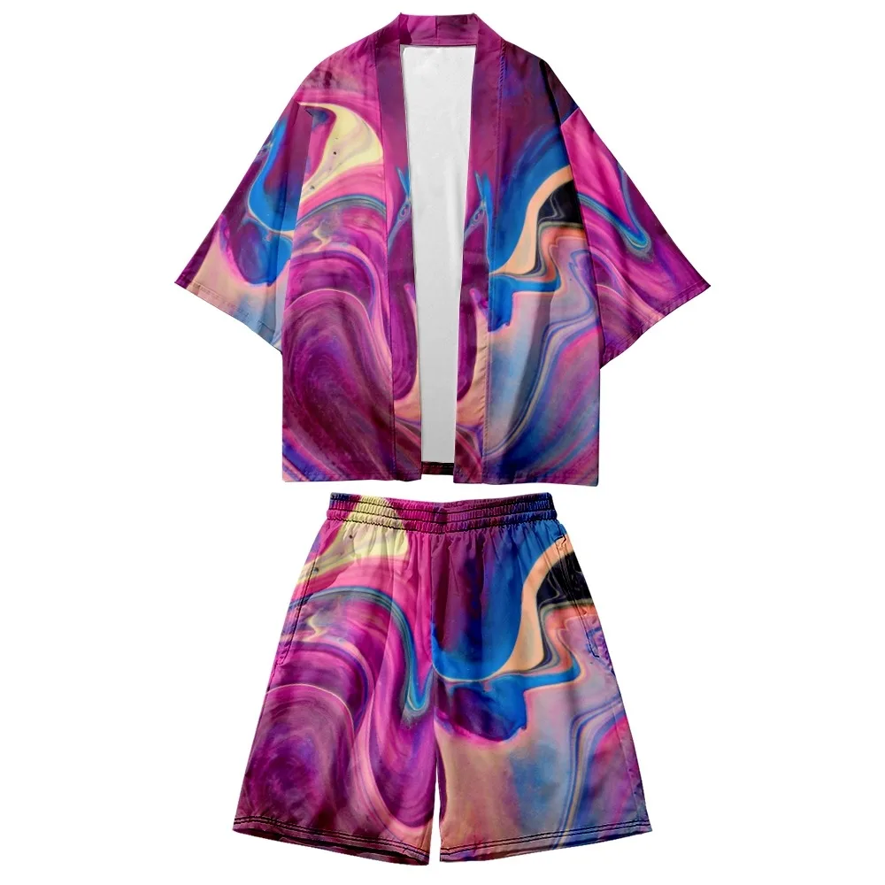 

Gouache Printing Creative 3D Digital Printing Daily Men's and Women's Short Sleeve Kimono Shorts Set-