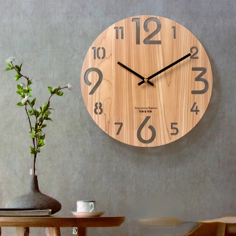 

12 Inch Fashion Nordic Minimalist Wooden Wall Clock Living Room Round Wooden Clock Fiberboard Creative Art Decorative Wall Clock