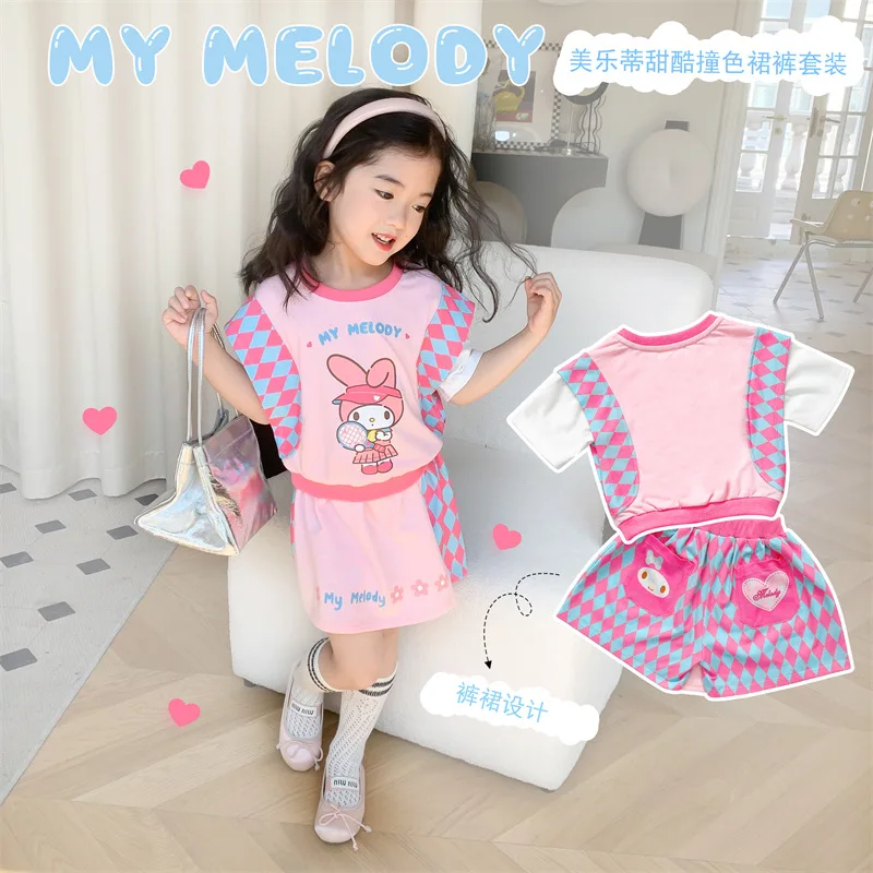New Kawaii Sanrio My Melody T-Shirt Skirtpant Set Fashion Casual Printed Short Sleeved Top Short Skirt Two Piece Set Kids Gift