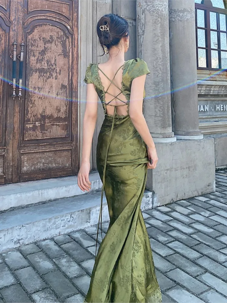 

Elegant Women Green Satin Backless Mixi Dress Palace Short Sleeve Lace V-Neck Bandage Vintage Bodycon Dress Robe Summer Vestidos