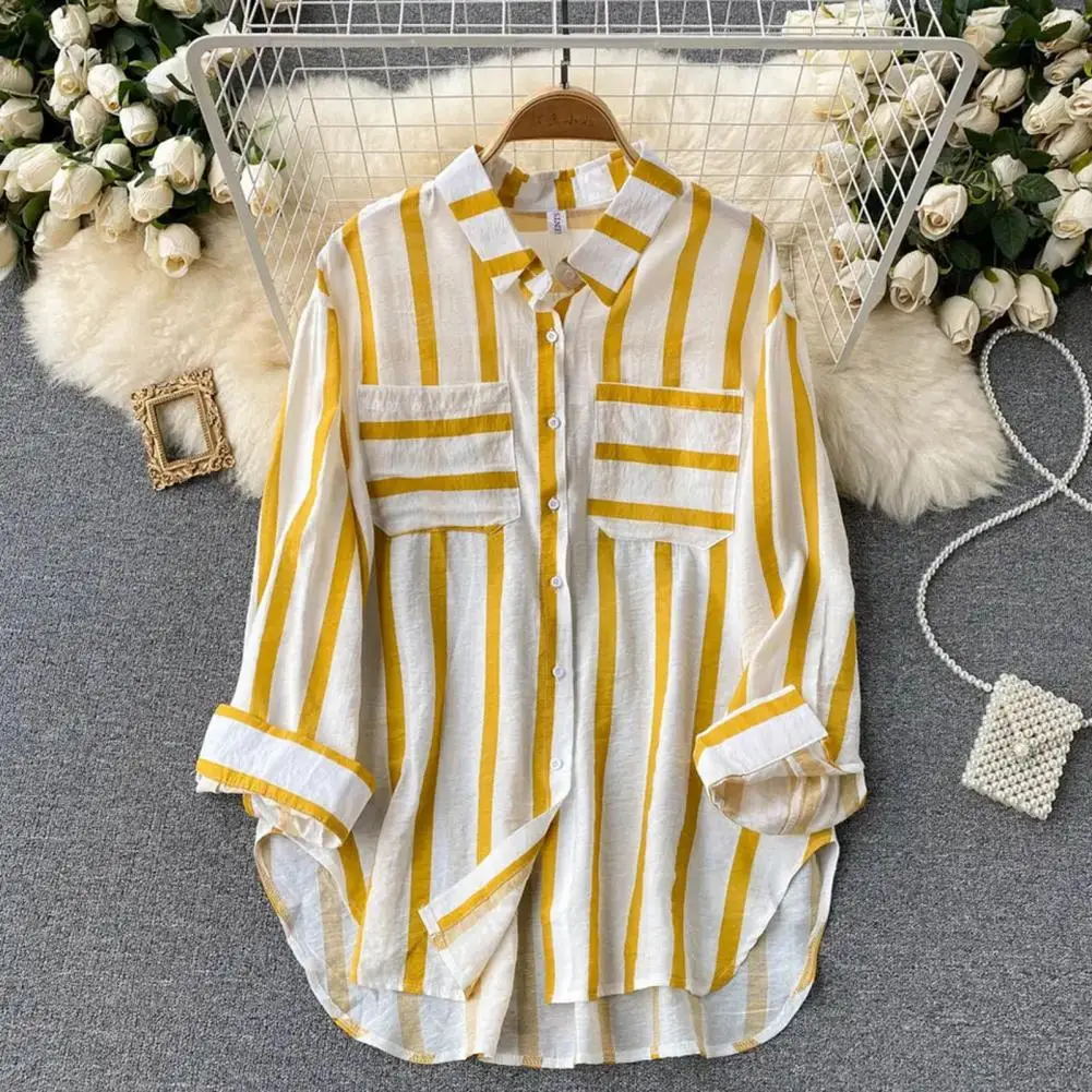 

Breathable Blouse Stylish Women's Fall Shirt Striped Print Loose Fit Lapel Collar Single-breasted Buttons for Soft Commute Lady