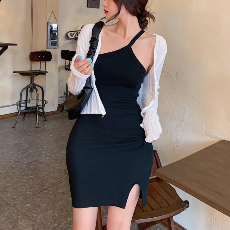 

Kayotuas Women Pencil Dress Summer Backless One Shoulder High Waist Split Bodycon Bag Hip Skinny Streetwear Hot Sale Black Gray