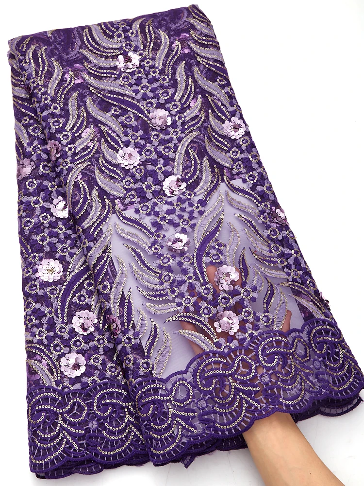 

Purple Sequined African Fabric Tulle French Lace Fabric High Quality Nigerian Fabric For Women Wedding Party Dress Sewing A2800