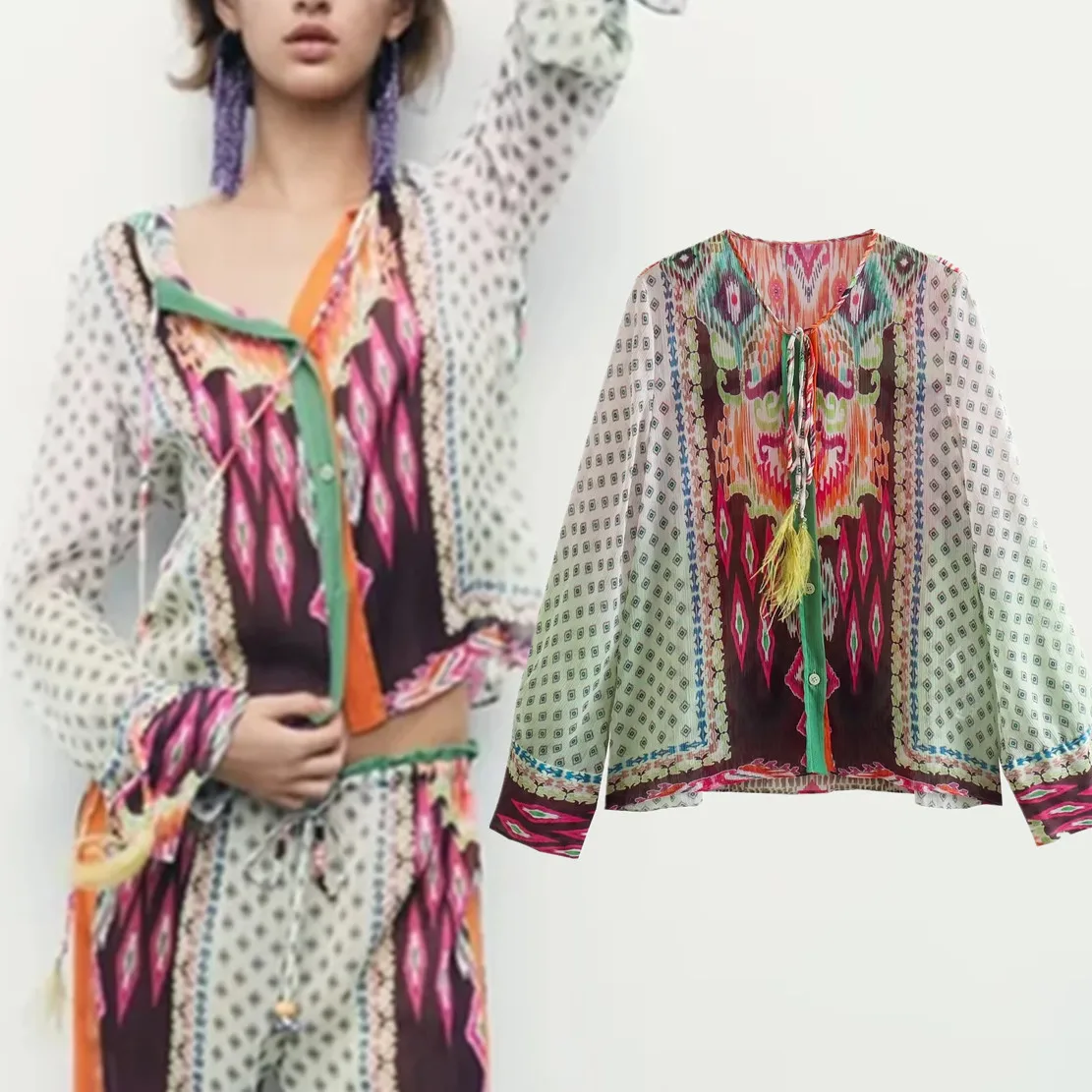 

Jenny&Dave 2022 Ethnic Style Vintage Tassles Loose Kimono Shirt Fashion Print Chiffon Blouse Women