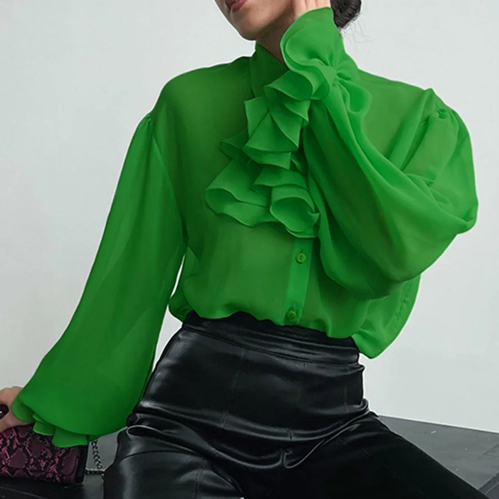 

2022 Spring Fashion Shirts Chiffon Perspective Ruffled Tops Slim Fit Design Lapel Plain Falbala Standard Green Women's Blouse