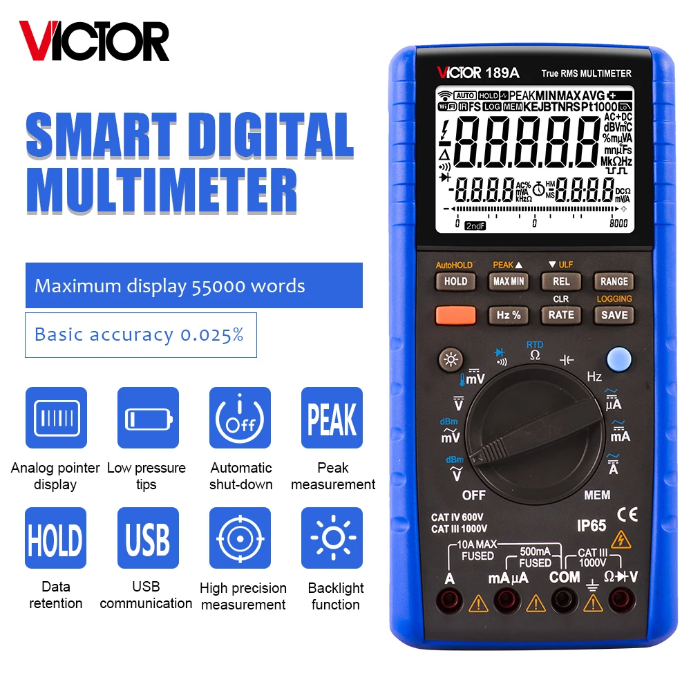 

Victor 189A Digital Multimeter 55000 Counts Accuracy 0.025% Thermocouple RTD PT100 True RMS Frequency Capacitance USB Contact PC