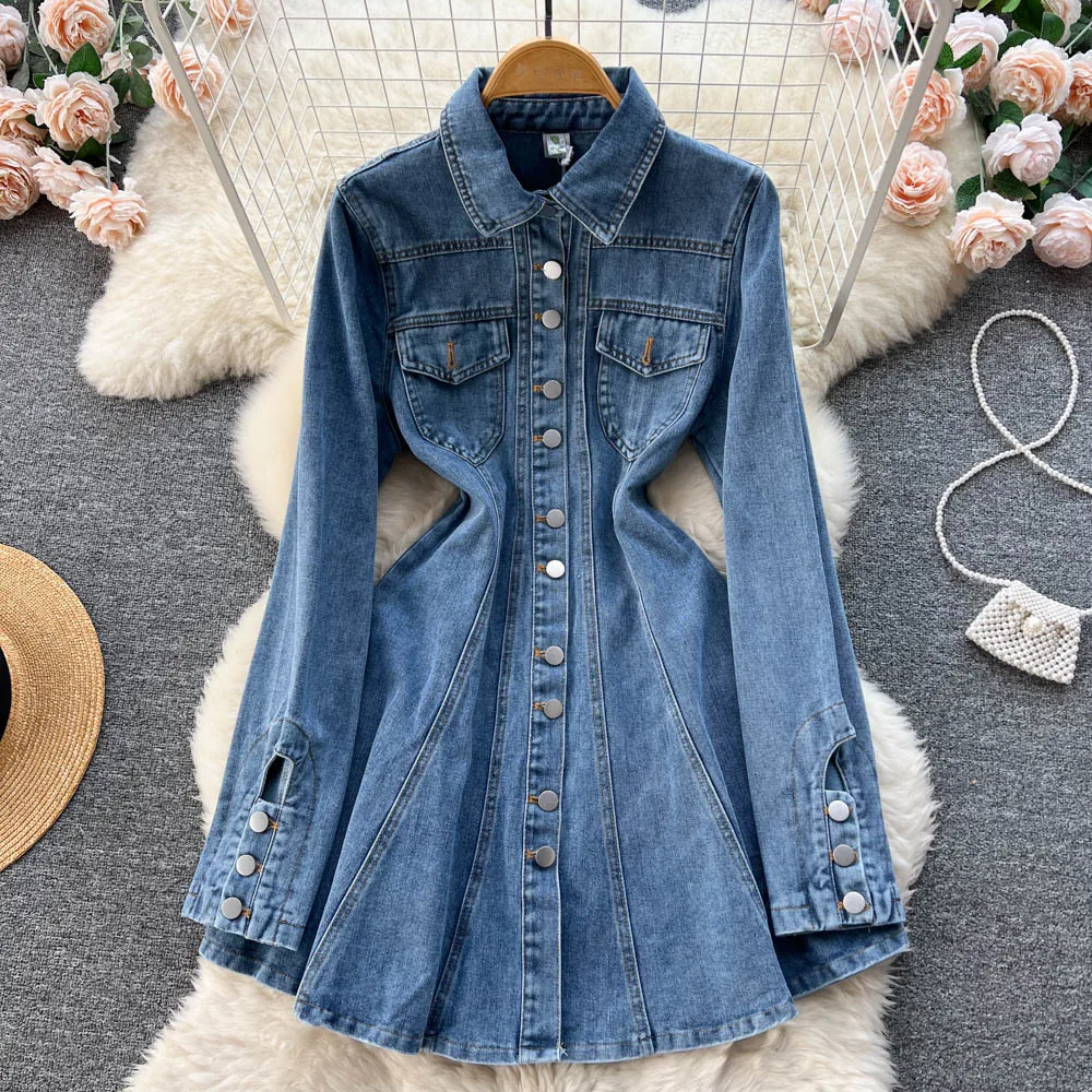 

VANOVICH Waist Slim Temperament Hollow Out Long-sleeved Denim Dress Autumn New Fashion Solid Color Single Breasted A-LINE Dress