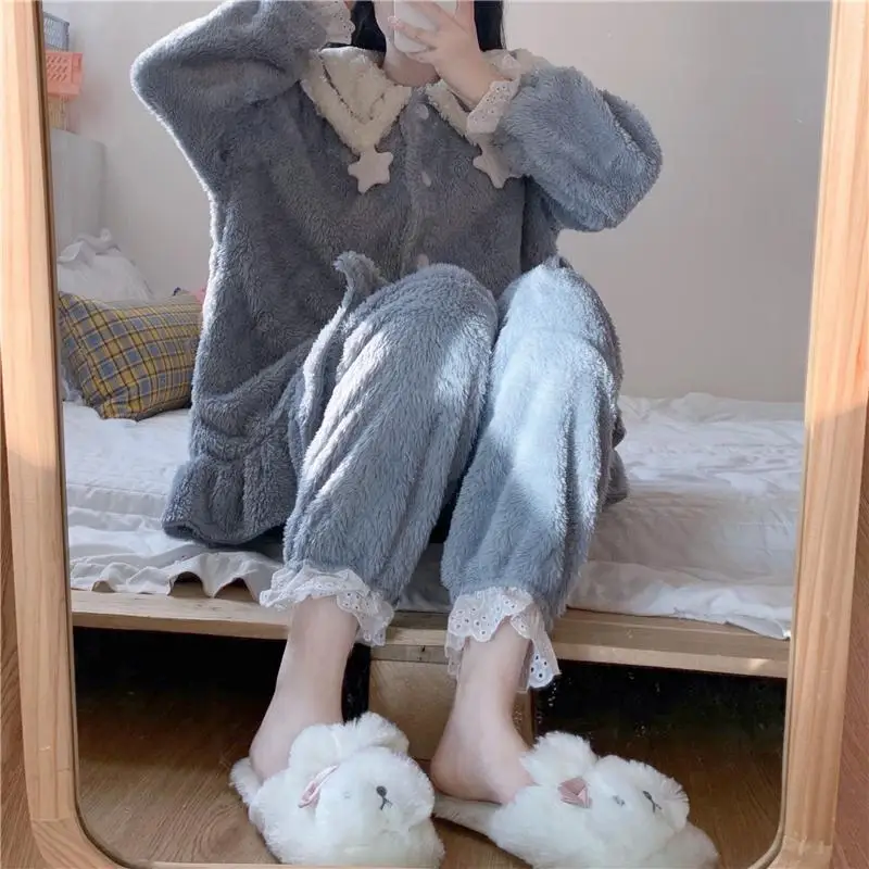 QWEEK Winter Women's Pajamas Kawaii Coral Fleece Pijamas Lace Pyjamas Soft and Warm Girls Home Clothes Blue Pink Two Piece Set