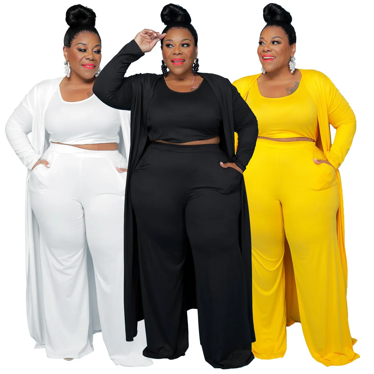 

Plus Size 4XL 3 Piece Set for Women Solid Tracksuit Long Sleeve Long Coat Top Pants Suit 3 Pcs Outfits Matching Sets Wholesale