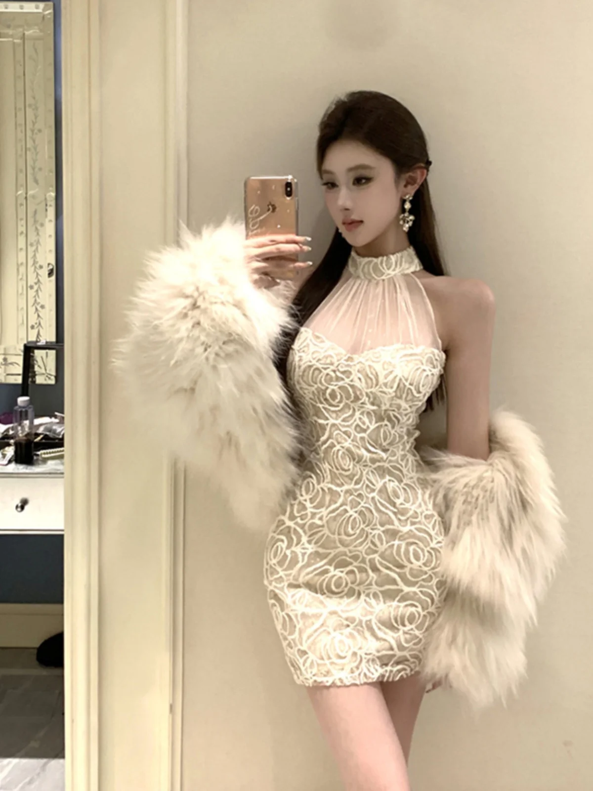 Short Lace Hanging Neck Dress Women Pure Desire Sexy Gyaru Beautiful Unique High Sense Royal Sister Wear Hip Skirt