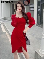 yatwavs fashion women red party dress designer vintage puff long sleeves draped slim pencil dresses female knee length vestidos