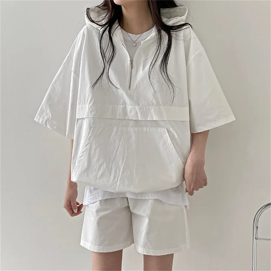 Hooded Sleepwear Korean Style Women Pajamas Shorts Sets Pijama Loungewear Summer Two Piece Set Zipper Night Wear Home Suit