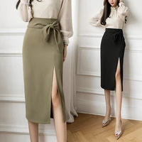summer women formal split sexy a line skirt one step bow black woman clothes office work wear skirts