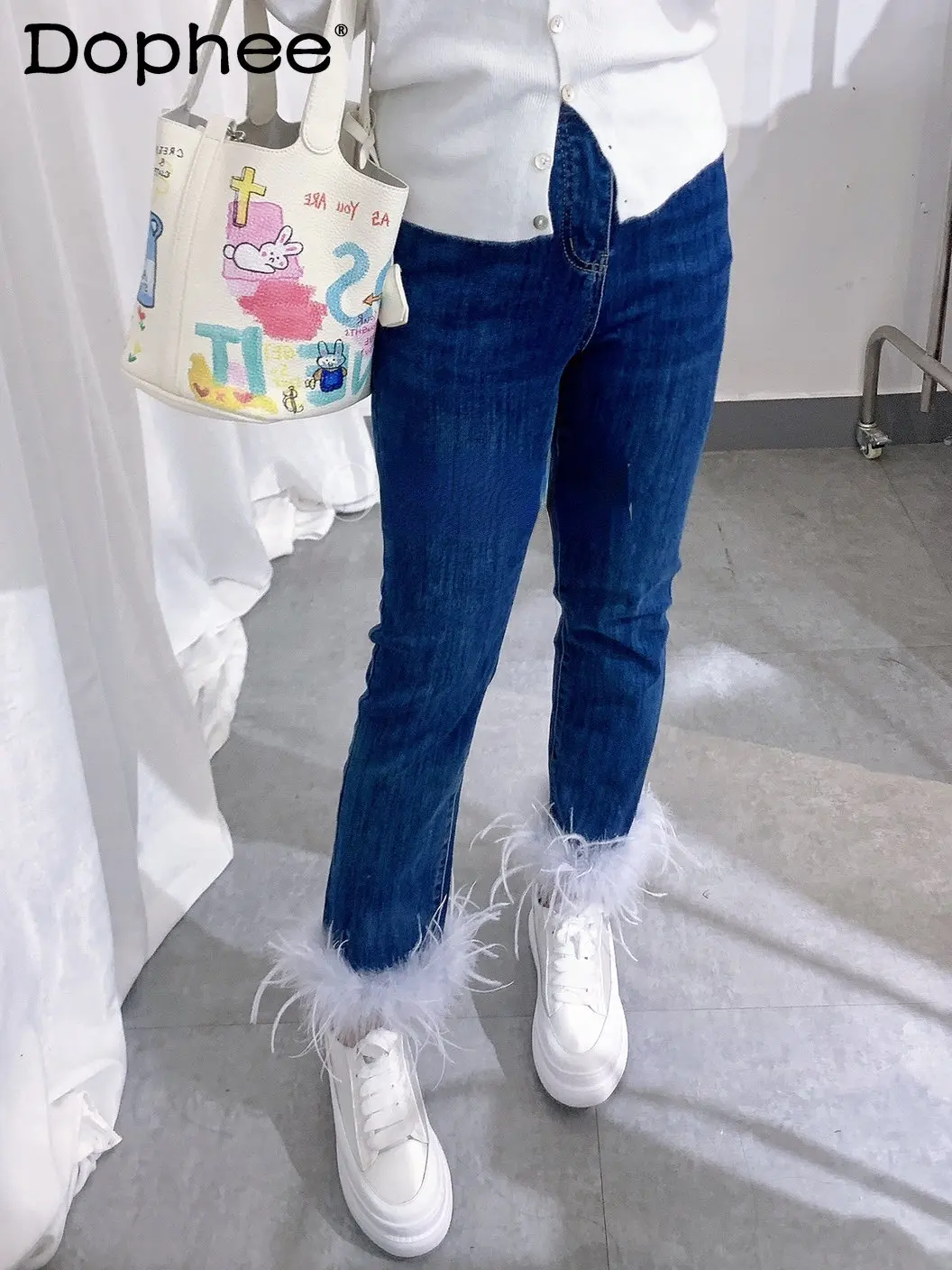 

High Grade Gray Feather Cotton Stretch Jeans Women's 2020 Spring and Autumn New Ankle-Tied Straight Trousers Female Denim Pants
