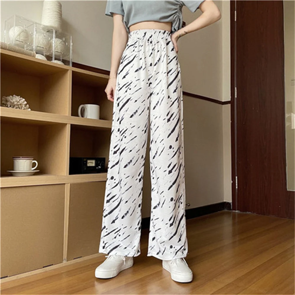 

Graffiti Tie Dyed White Casual Wide Leg Pants In Spring and Autumn Thin High Waist Loose Straight Trousers In Spring and Summer