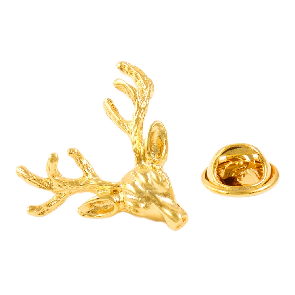 NVT Gold Color Deer Head Brooch Pin for Mens Womens Coat Hats Collar Dress Bags High Quality Metal Lapel Pins Accessories