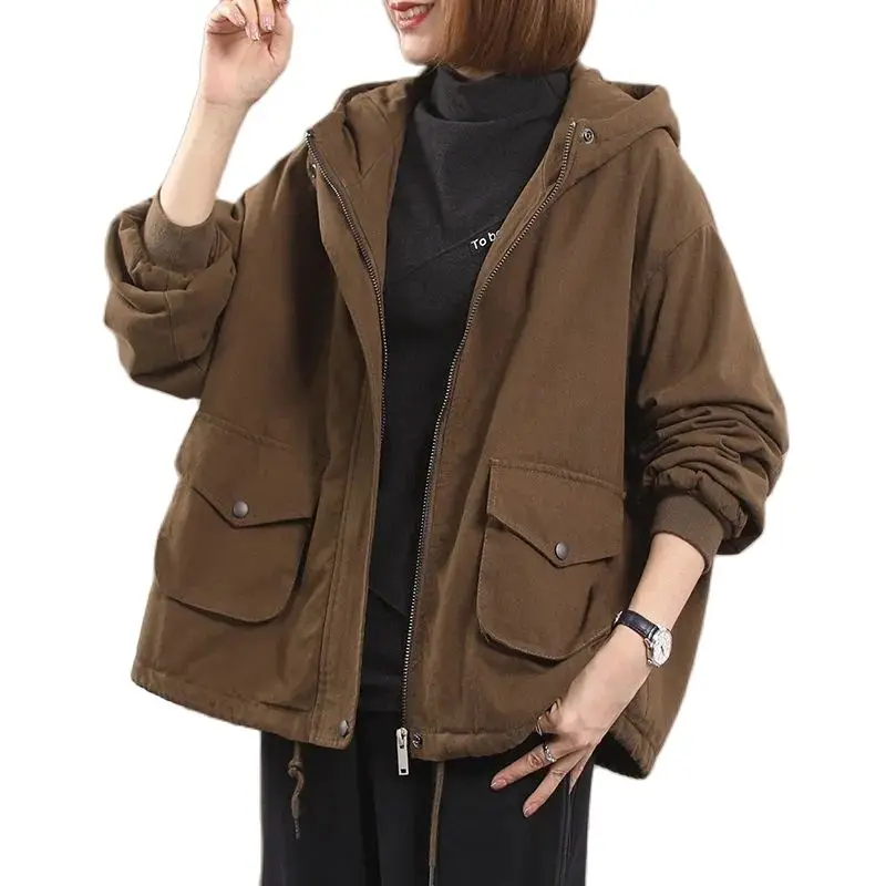 

Spring Autumn Cotton Jacket 2022 New Loose Casual Versatile With Velvet/No Velvet Cotton Outcoat Women Winter Coat Hooded Black