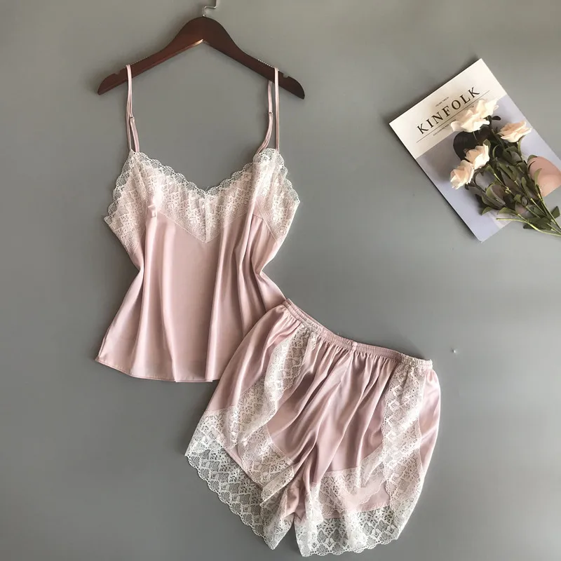 Pajamas Nightwear Ice Silk Sleeveless V Neck Shirt Shorts Lace Edge Homewear Sleep Suit Nightgown Sexy Backless Loungewear 2pcs