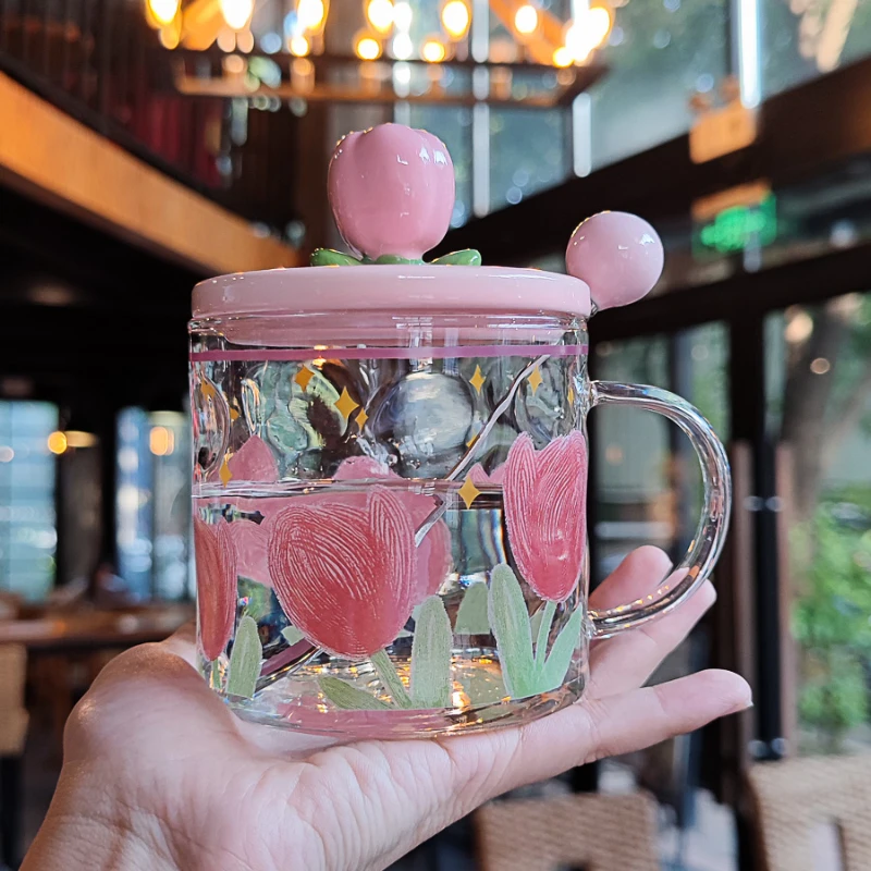 

1pcs Tulip Printed Glass Cup Creative-Glass Coffee-Tea Mug Drinks Dessert Breakfast Milk Juice Cup Glass Mugs Handle Drinkware