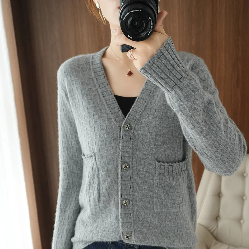 

Женский трикотажный кардиган на пуговицах, универсальный свитер из 100% шерсти с V-образным вырезом и карманами в западном стиле, весна-осень