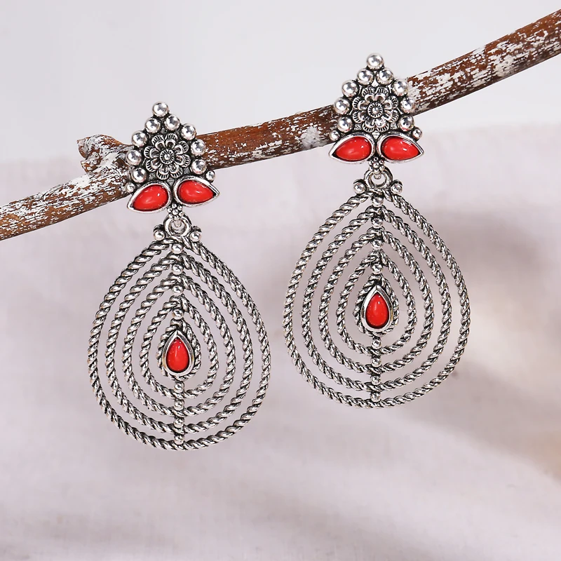 

2022 Wholesale Bohemian Leaf Design Red Beads Stone Drop Hook Earring Tribal Jewelry Vintage Large Statement Earrings