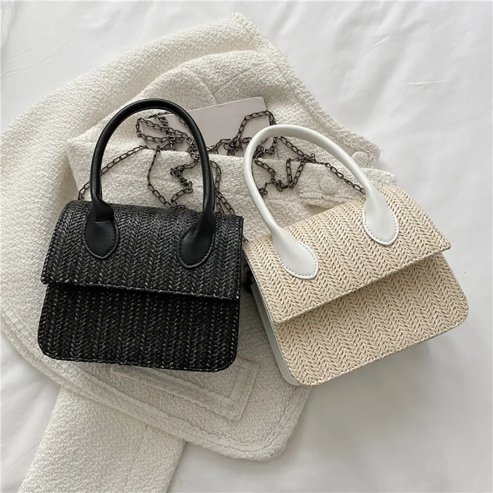 

Straw Handbag Ladies Leather Splicing Shoulder Crossbody Bag Top-Handle Pouch Casual Travel Handbags for Women