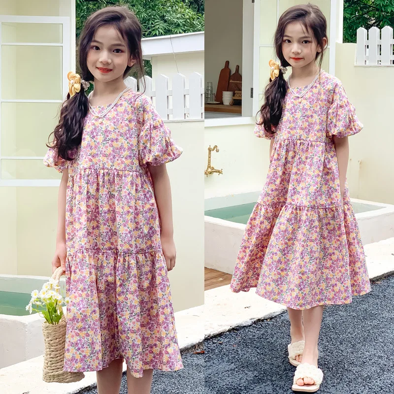 

Girls Floral Dress Summer 2023 New Fashionable Casual Clothing Sweet Kids Puff Sleeve Mid-Length Dress Fashion, #7351