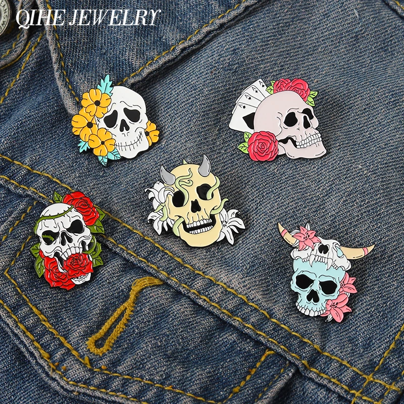 

Flower Skeleton Enamel Pins Skull Badges Punk Plant Brooches Lapel Clothes Gothic Women Men Kids Jewelry Gift Custom Wholesale