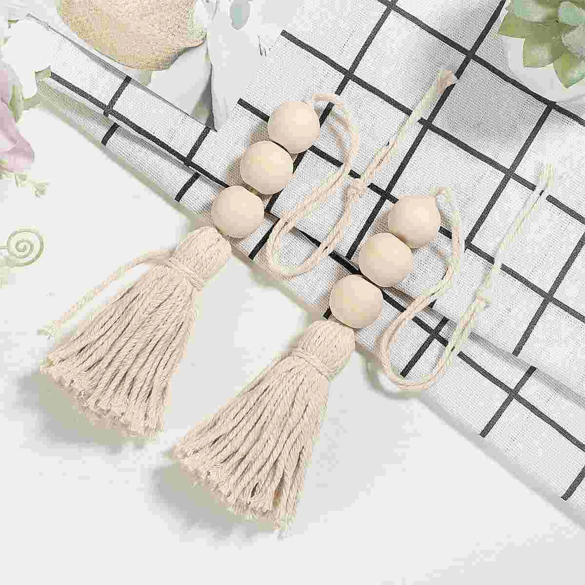 

4pcs Wood Beads Garland Home Decor Bohosations Natural Farmhouse Beads with Cotton Tassel Decorative Bead Garland for Closet