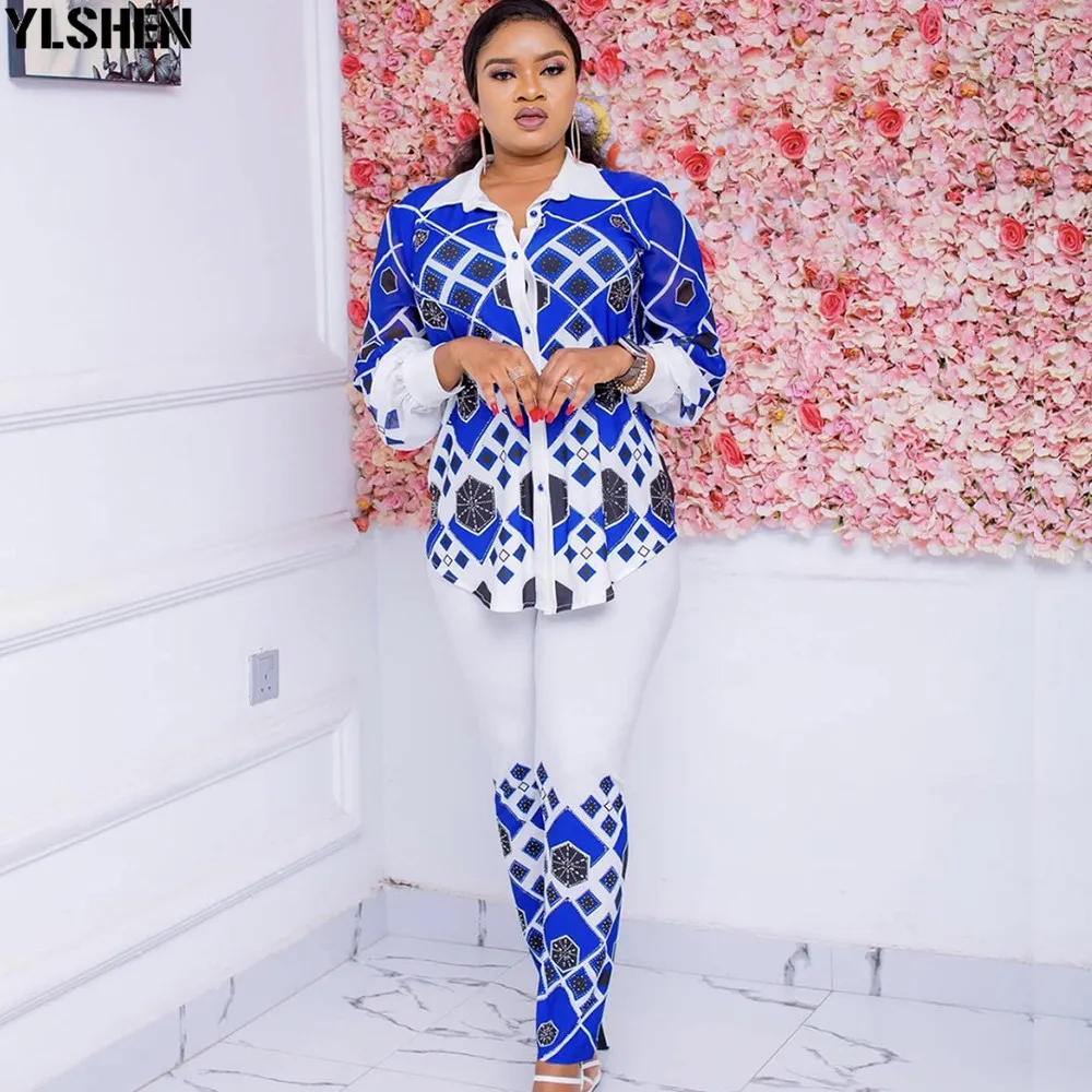 

Two Piece Pants Sets African Clothes for Women Tracksuit Dresses Summer Vetement Femme 2021 Dashiki Print Top Pant Suits Outfits