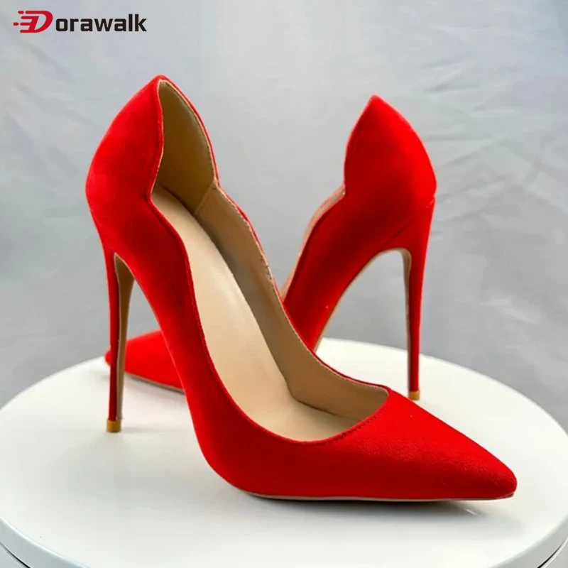

Women Pumps Pointed Toe Sexy V Curl Cut Red Flock High Heel Blue Elegant Faux Suede Stiletto Bridemaids Wedding Dress Shoes
