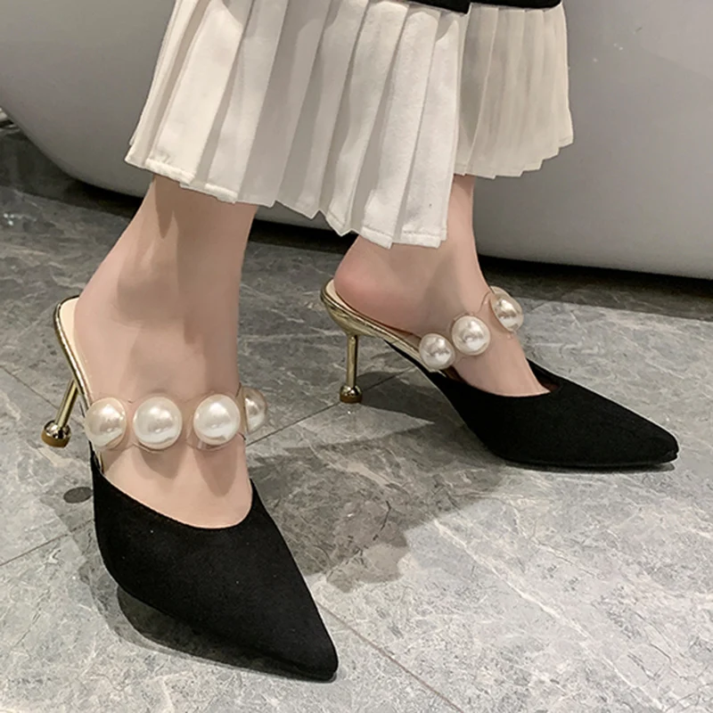 

Shoes Woman 2022 Med Slippers Soft Thin Heels Heeled Mules Cover Toe Flock Pantofle String Bead Comfort High Flat Summer New Sli